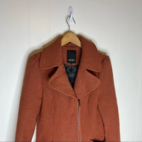 ICHI Coat Jacket Rust Pumpkin color Sz 38 Zíper Wool - Picture 3 of 9